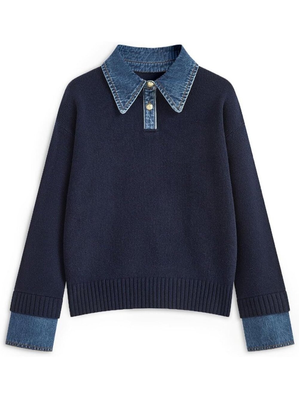 Cozy Oversized Knit Sweater with Denim Lapel - Perfect for Fall Fashion